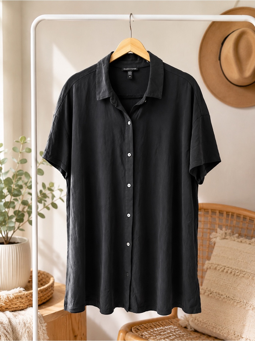Eileen Fisher Black Short-Sleeve Button Tunic